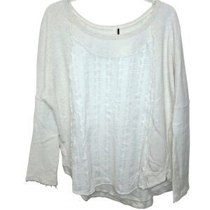 Free People Mix Media Tunic Pullover Sweatshirt Top Sz Medium Cream Oversized
